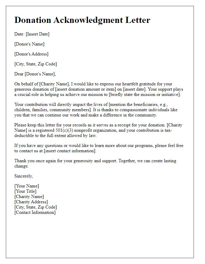 Letter template of community charity donation acknowledgment.