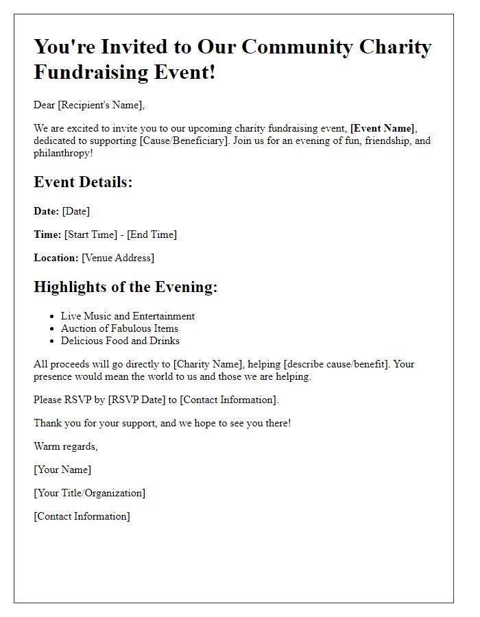 Letter template of community charity fundraising event invitation.