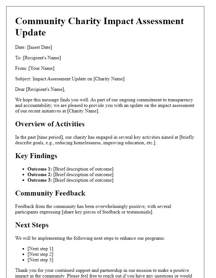 Letter template of community charity impact assessment update.