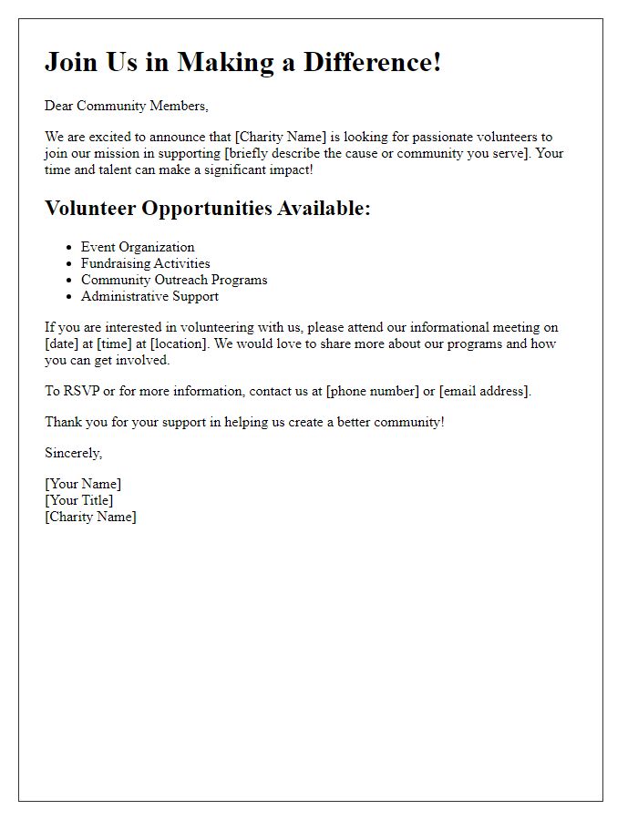 Letter template of community charity volunteer recruitment announcement.