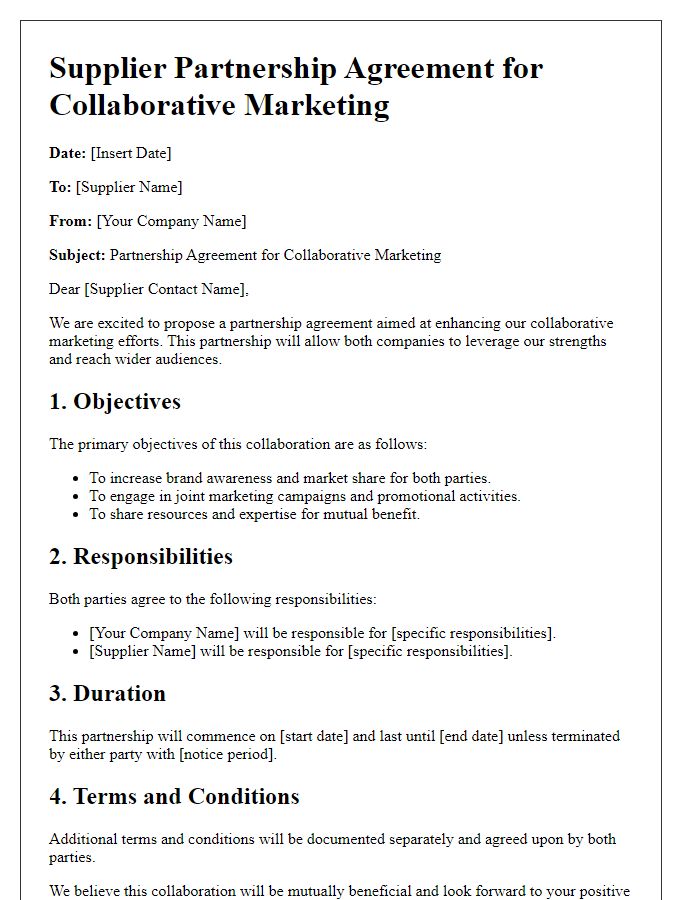 Letter template of Supplier Partnership Agreement for Collaborative Marketing