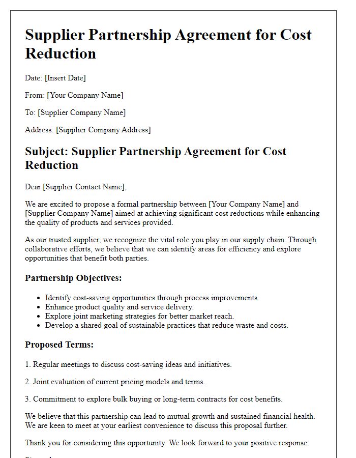 Letter template of Supplier Partnership Agreement for Cost Reduction