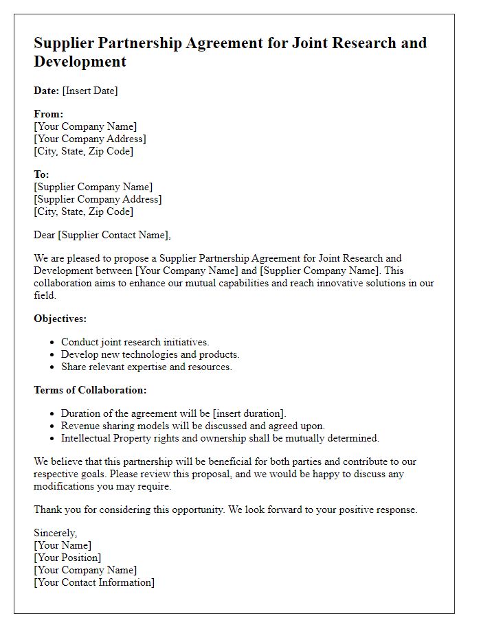 Letter template of Supplier Partnership Agreement for Joint Research and Development