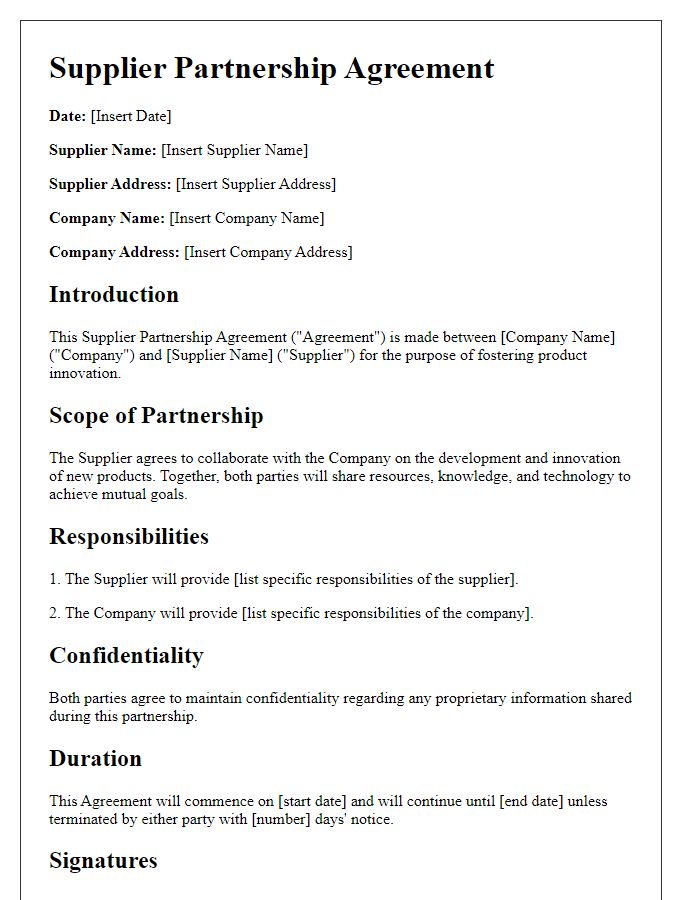 Letter template of Supplier Partnership Agreement for Product Innovation