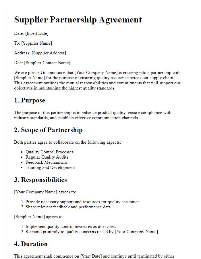 Letter template of Supplier Partnership Agreement for Quality Assurance