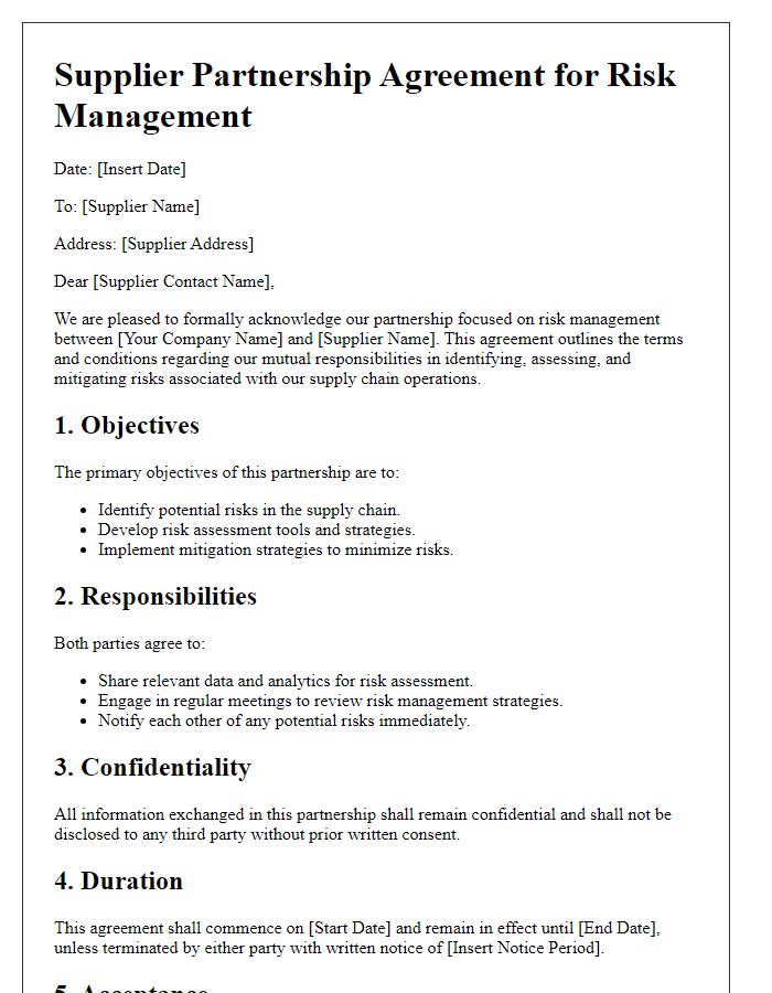 Letter template of Supplier Partnership Agreement for Risk Management