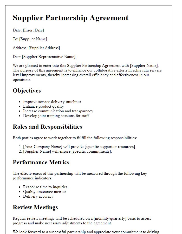 Letter template of Supplier Partnership Agreement for Service Level Improvement