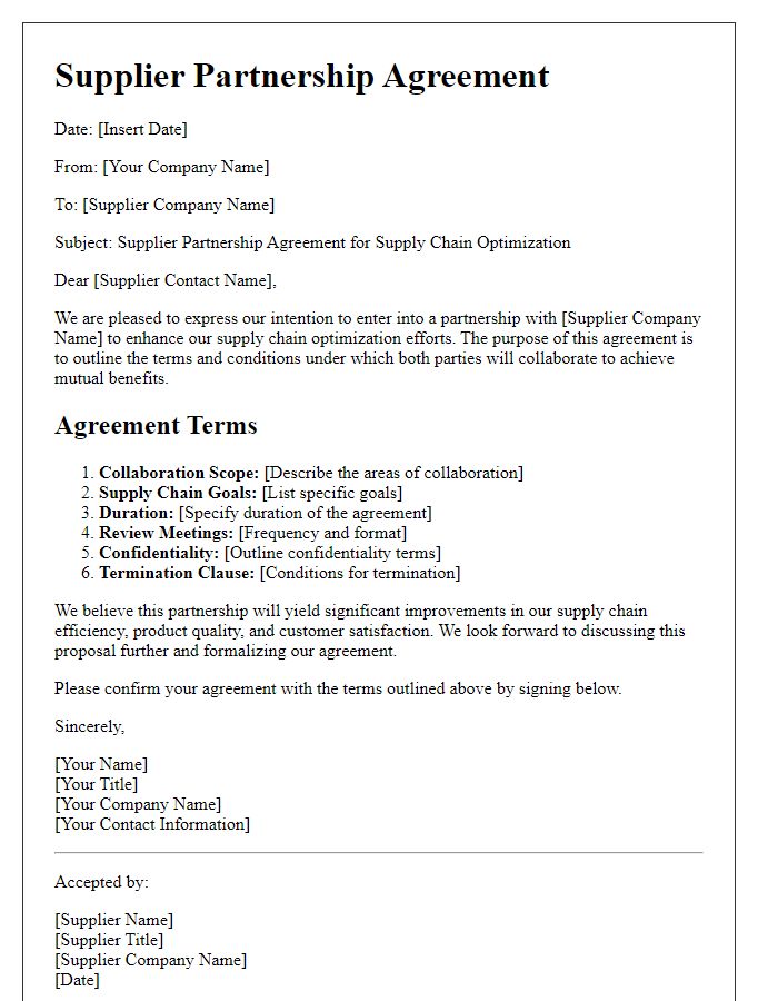 Letter template of Supplier Partnership Agreement for Supply Chain Optimization