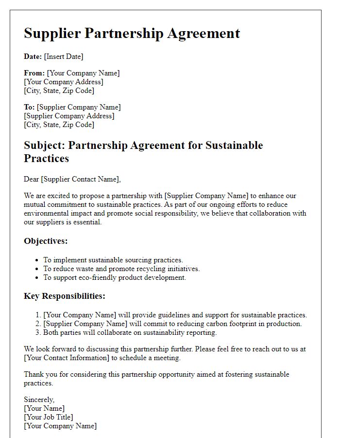 Letter template of Supplier Partnership Agreement for Sustainable Practices