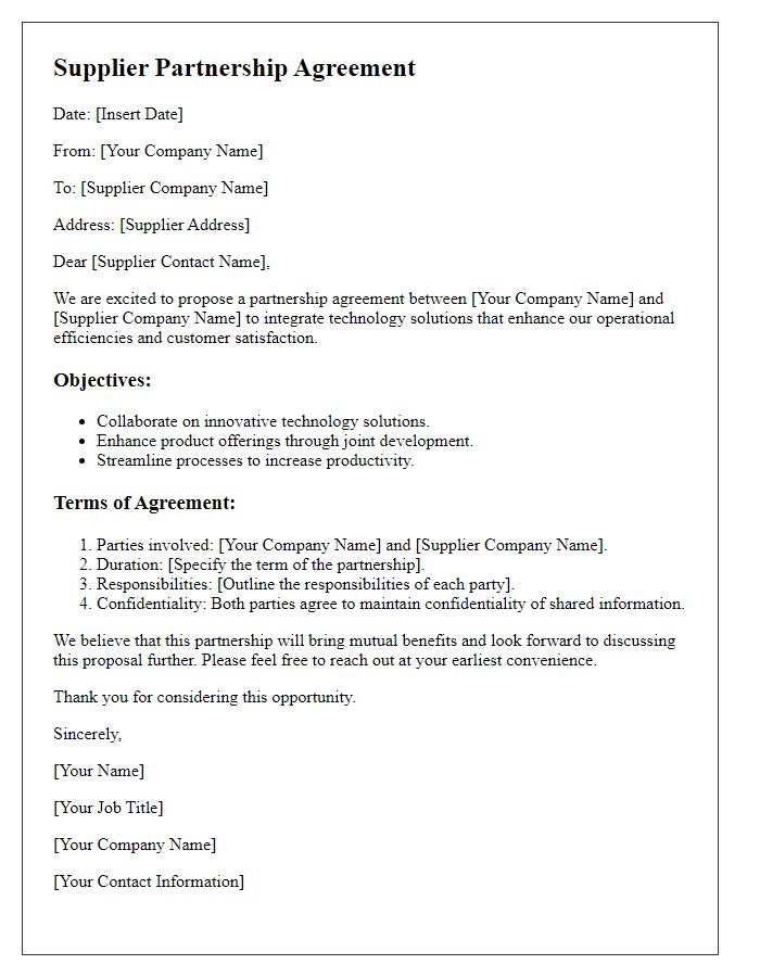 Letter template of Supplier Partnership Agreement for Technology Integration