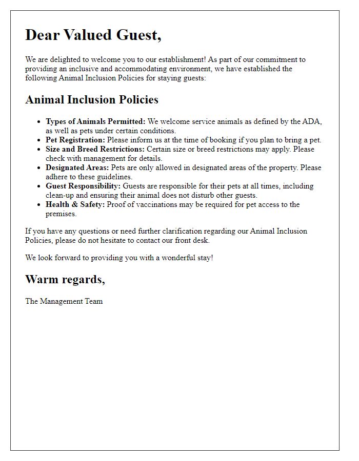 Letter template of animal inclusion policies for staying guests.