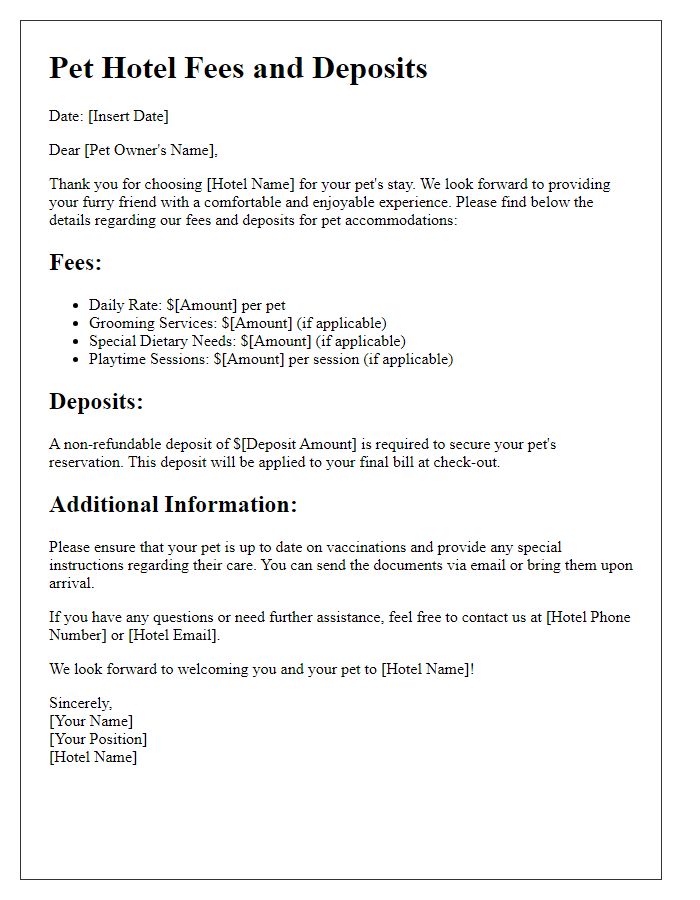 Letter template of fees and deposits for pets during hotel stays.