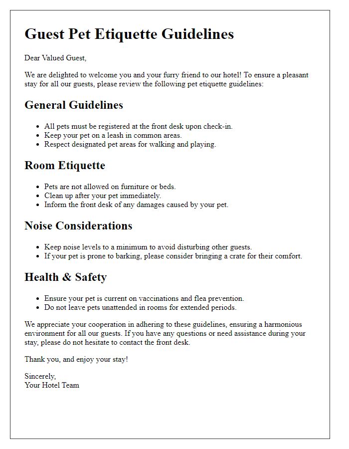 Letter template of guest pet etiquette guidelines for hotel environments.