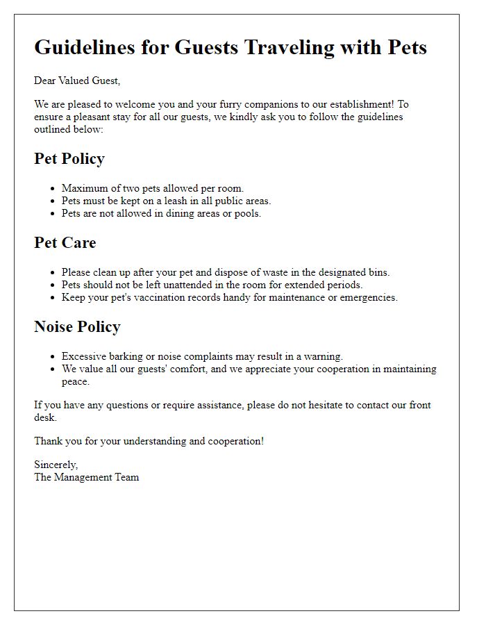 Letter template of guidelines for guests traveling with pets.