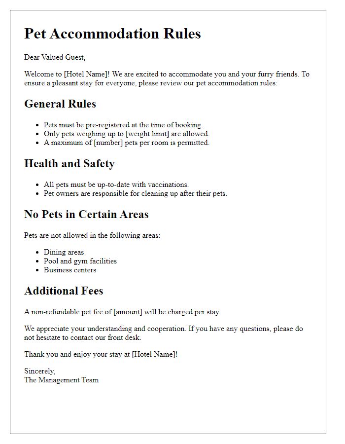 Letter template of pet accommodation rules for hotel visitors.