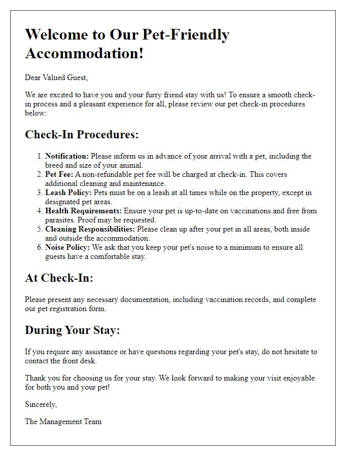 Letter template of pet check-in procedures for guests staying with animals.