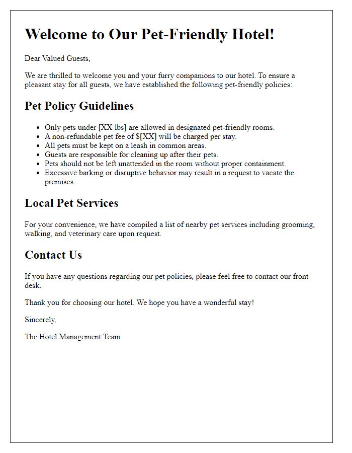 Letter template of pet-friendly hotel policies for guests.