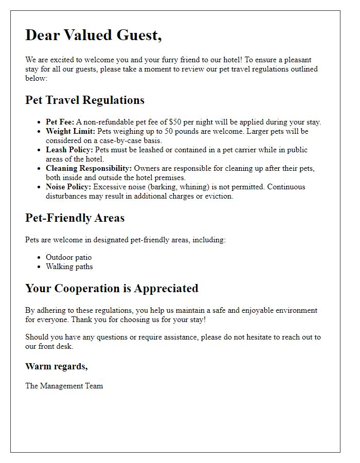 Letter template of pet travel regulations for hotel patrons.