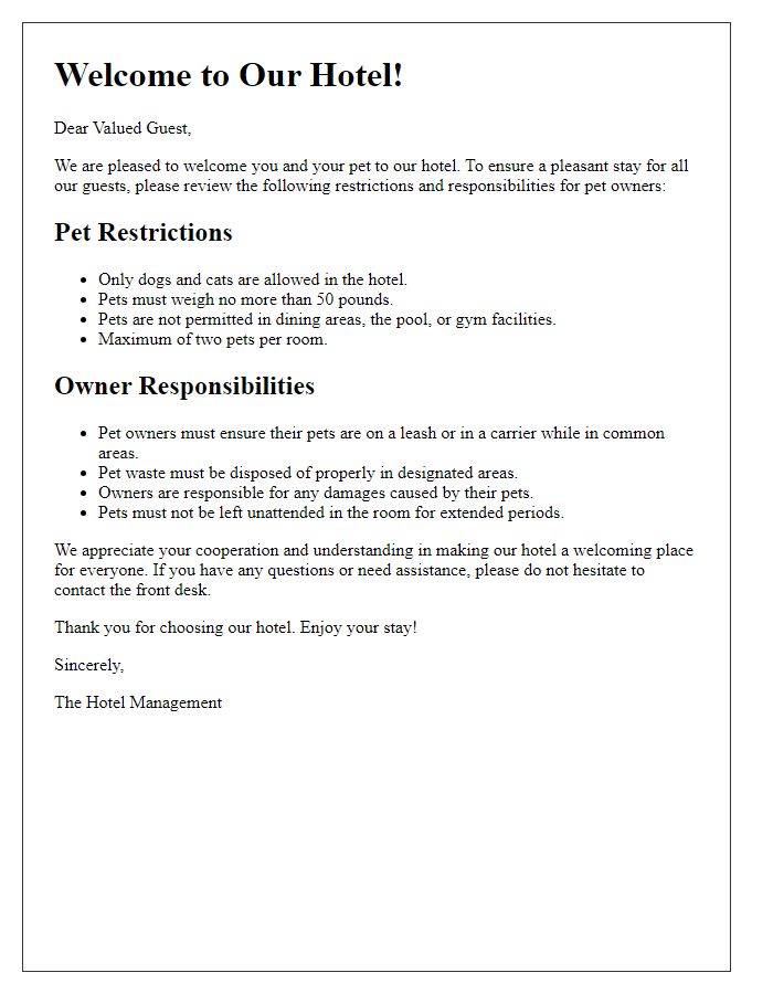 Letter template of restrictions and responsibilities for pet owners at the hotel.