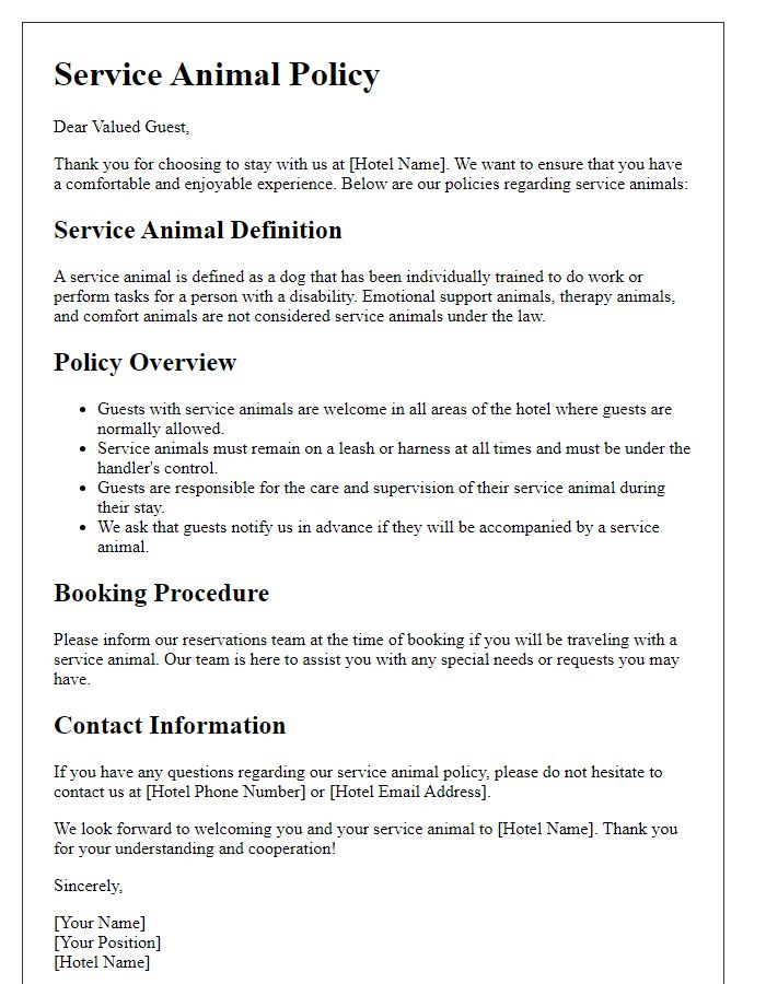 Letter template of service animal policies for hotel clients.