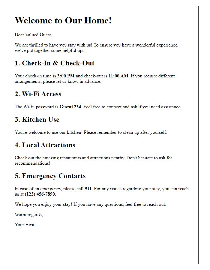 Letter template of Helpful Tips for New Guests