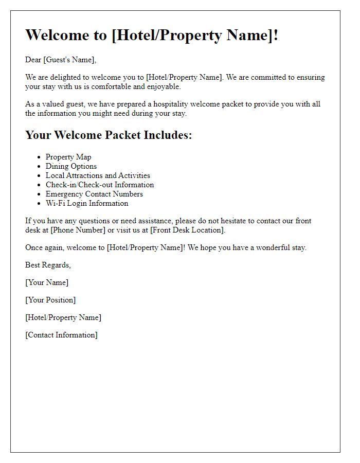 Letter template of Hospitality Welcome Packet for Guests