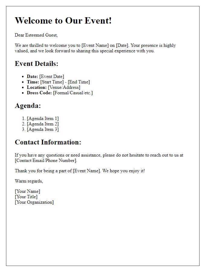 Letter template of Welcome Note and Information for Guests