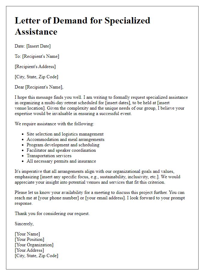 Letter template of demand for specialized assistance with multi-day retreat arrangements