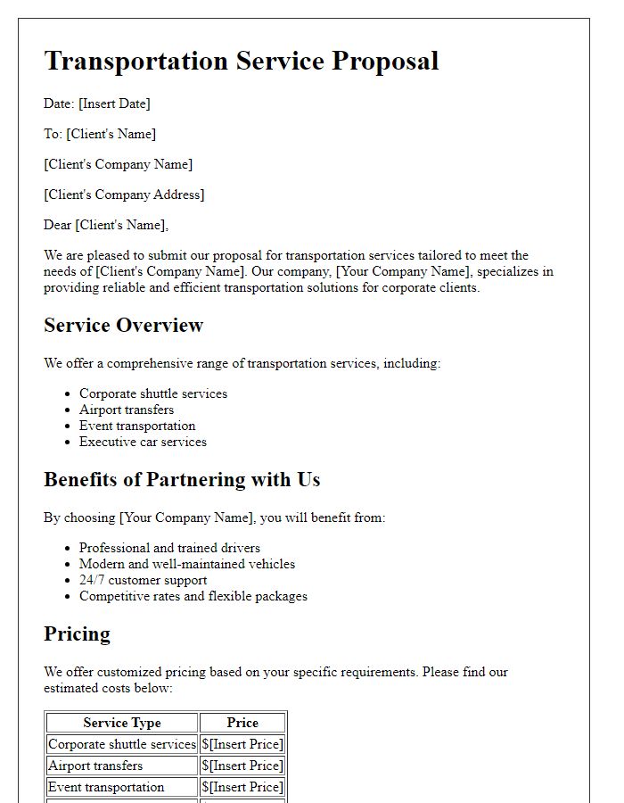 Letter template of transportation service proposal for corporate clients