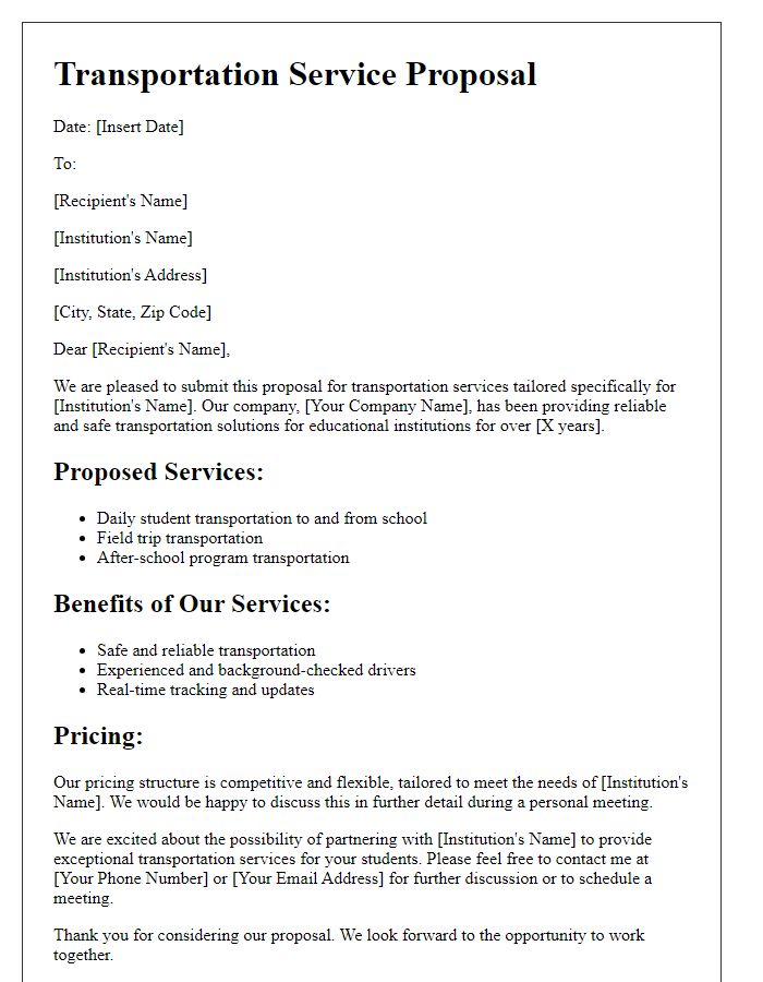 Letter template of transportation service proposal for educational institutions