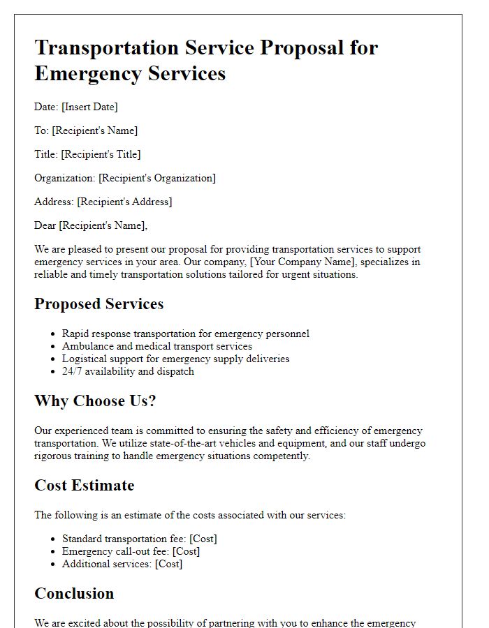 Letter template of transportation service proposal for emergency services