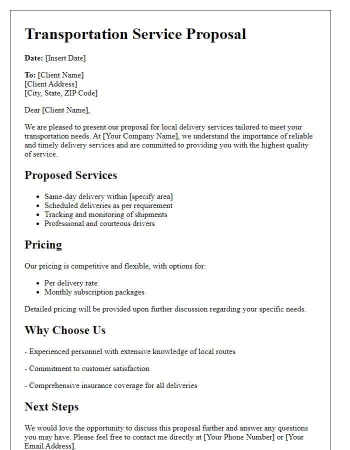 Letter template of transportation service proposal for local delivery services