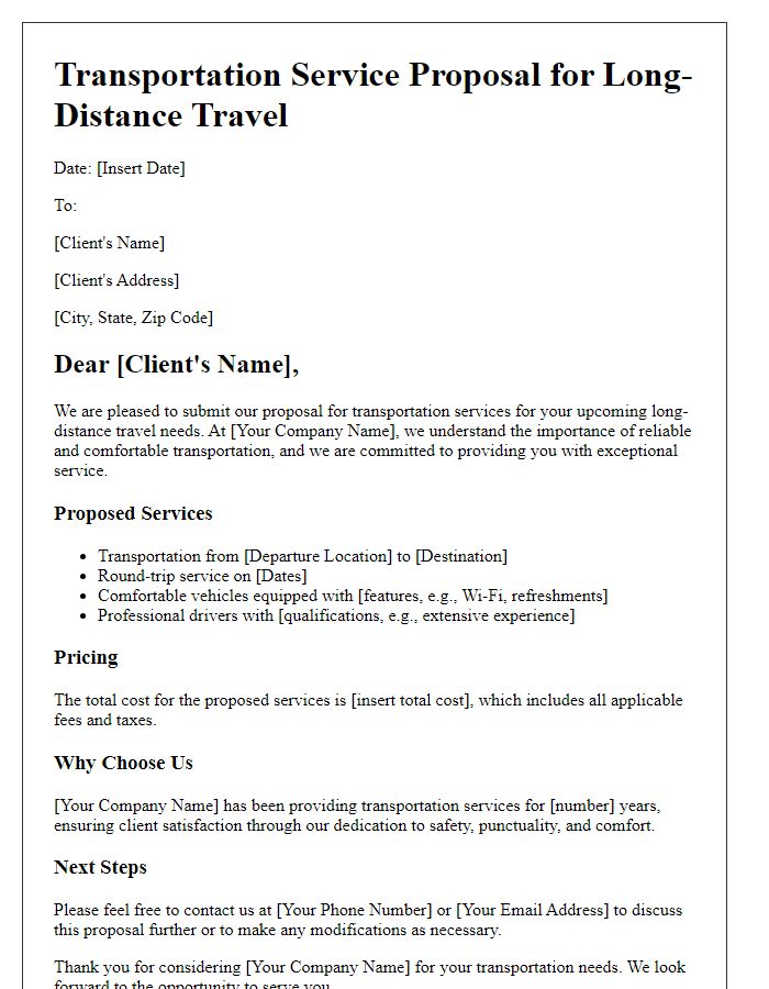 Letter template of transportation service proposal for long-distance travel