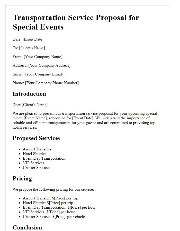 Letter template of transportation service proposal for special events