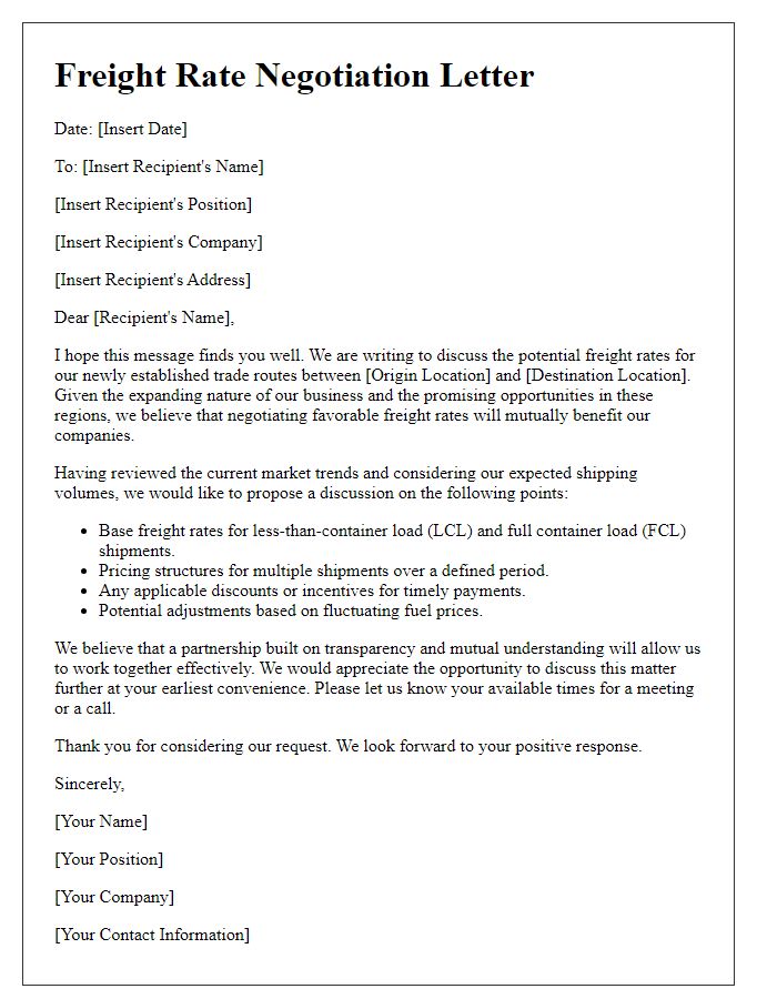 Letter template of freight rate negotiation for newly established trade routes