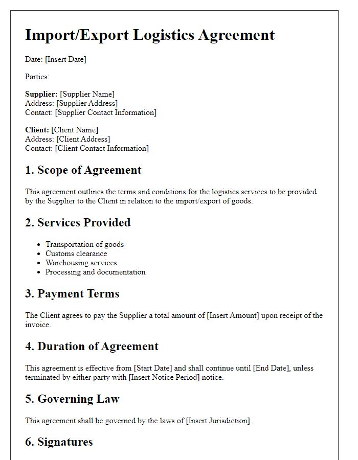 Letter template of import/export logistics agreement