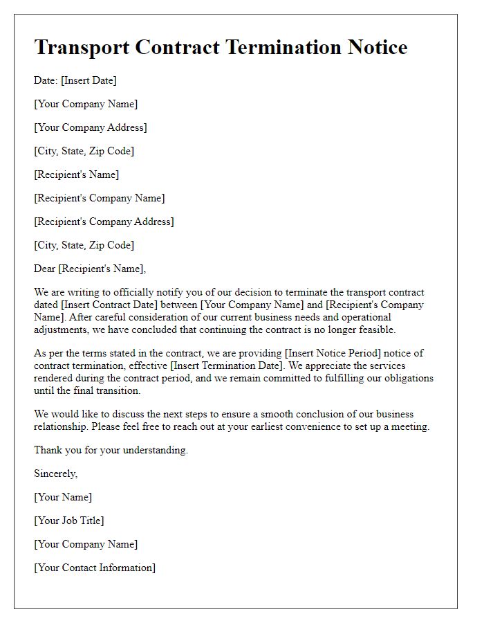 Letter template of transport contract termination based on changed business needs.