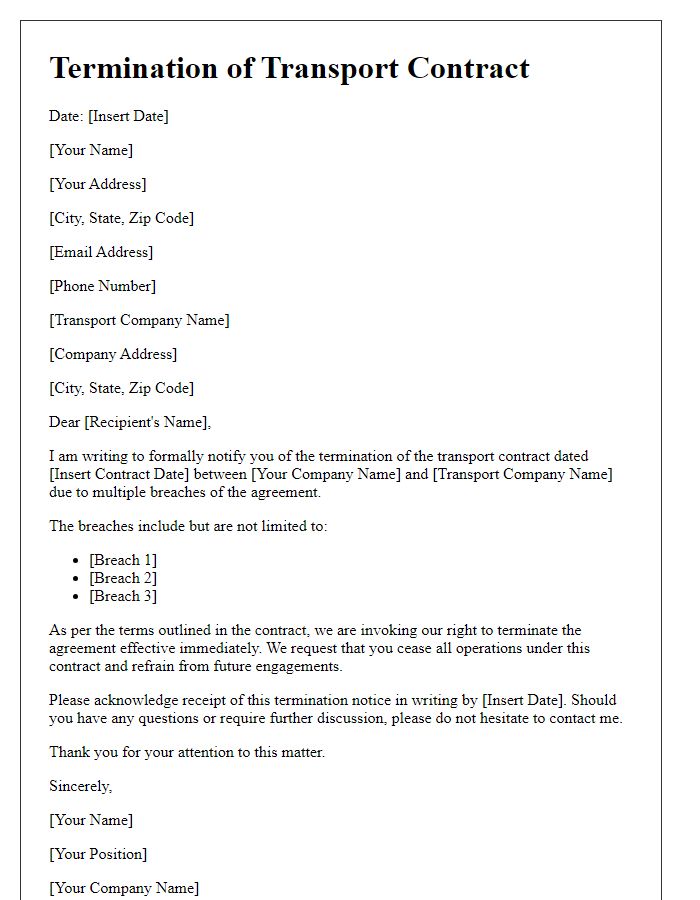 Letter template of transport contract termination for breaches of agreement.