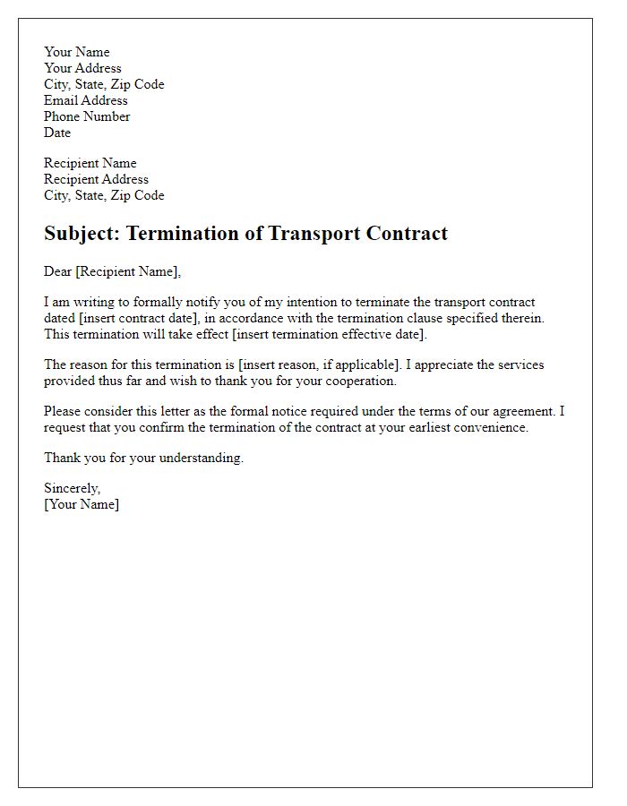 Letter template of transport contract termination for convenience.