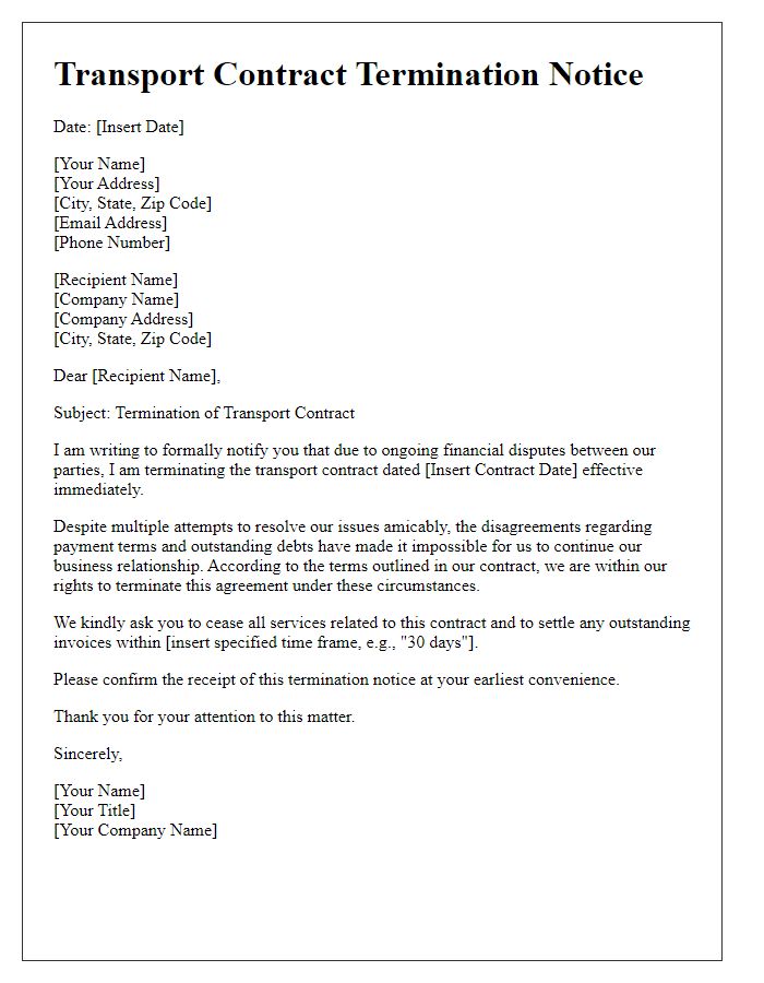 Letter template of transport contract termination due to financial disputes.