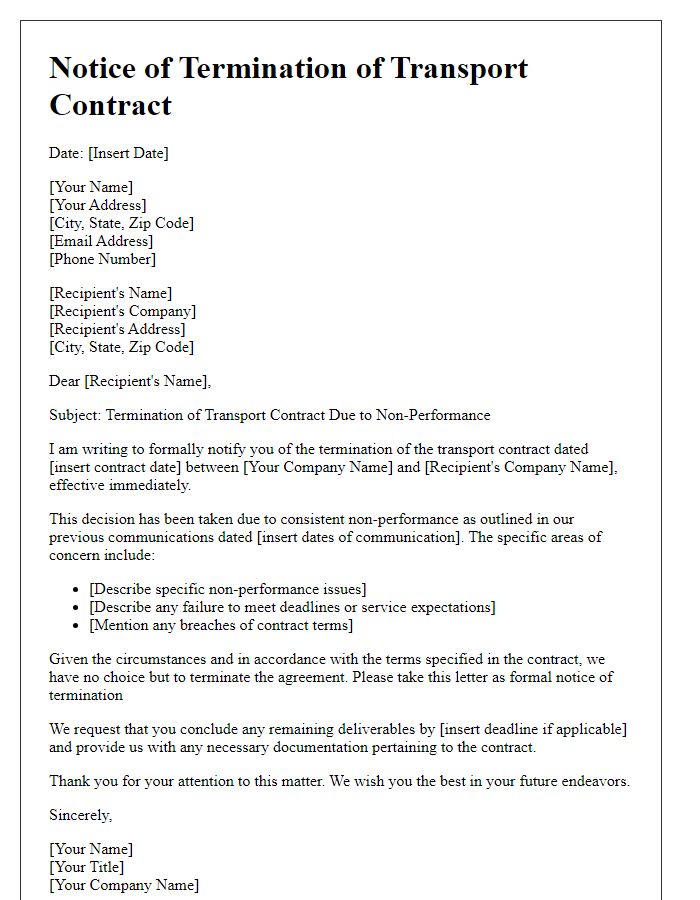 Letter template of transport contract termination due to non-performance.