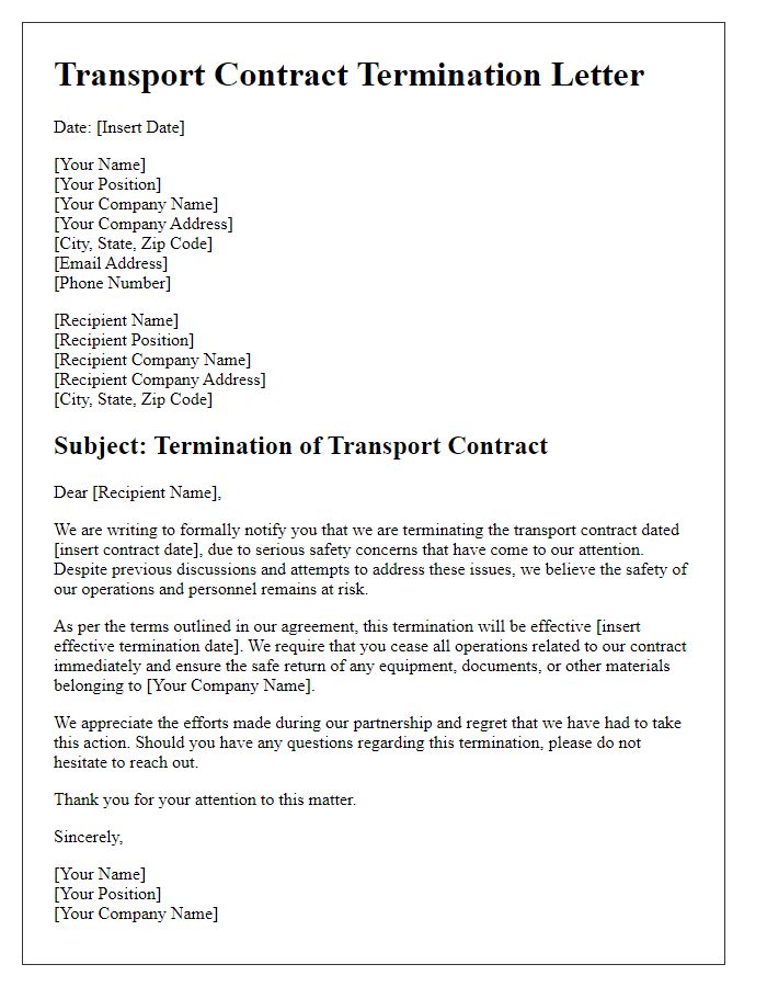 Letter template of transport contract termination following safety concerns.