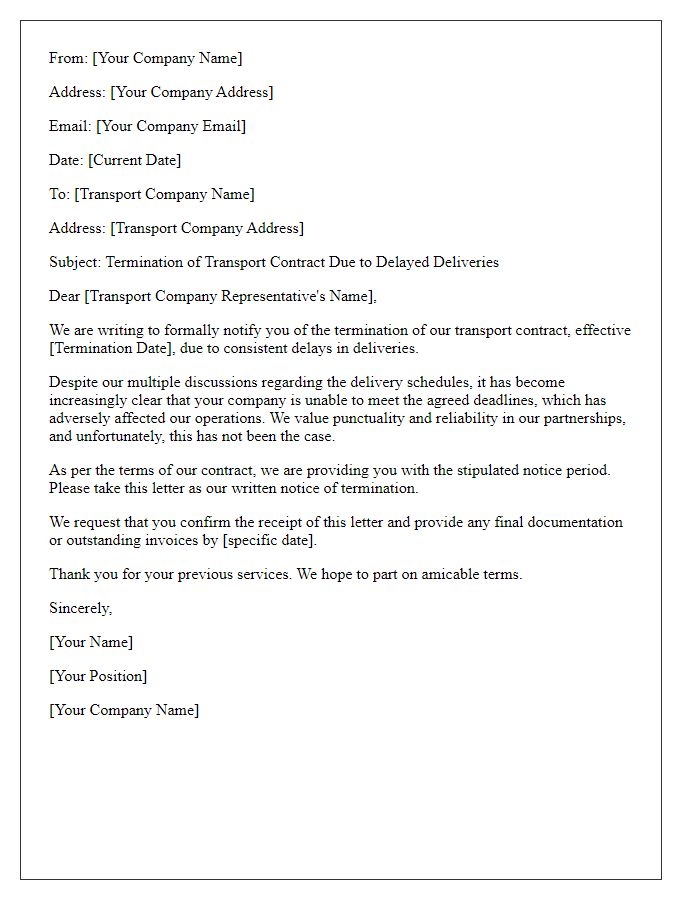 Letter template of transport contract termination related to delayed deliveries.