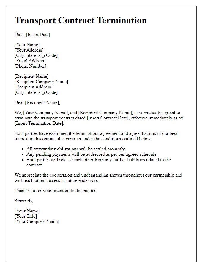 Letter template of transport contract termination upon mutual consent.