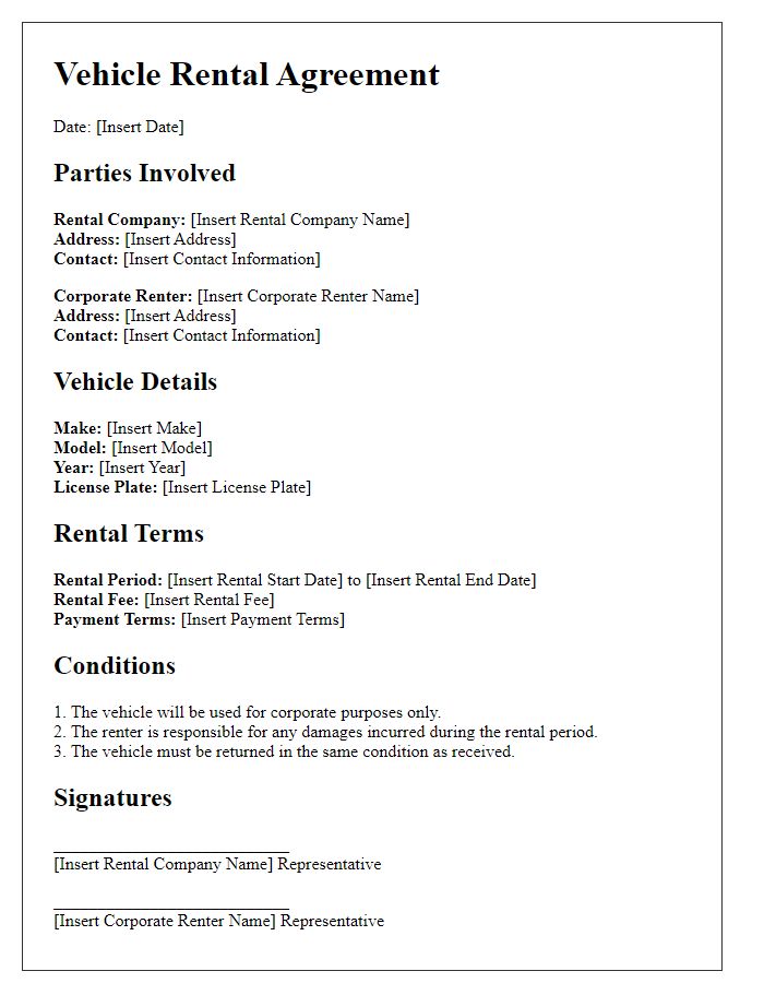 Letter template of vehicle rental agreement for corporate use.