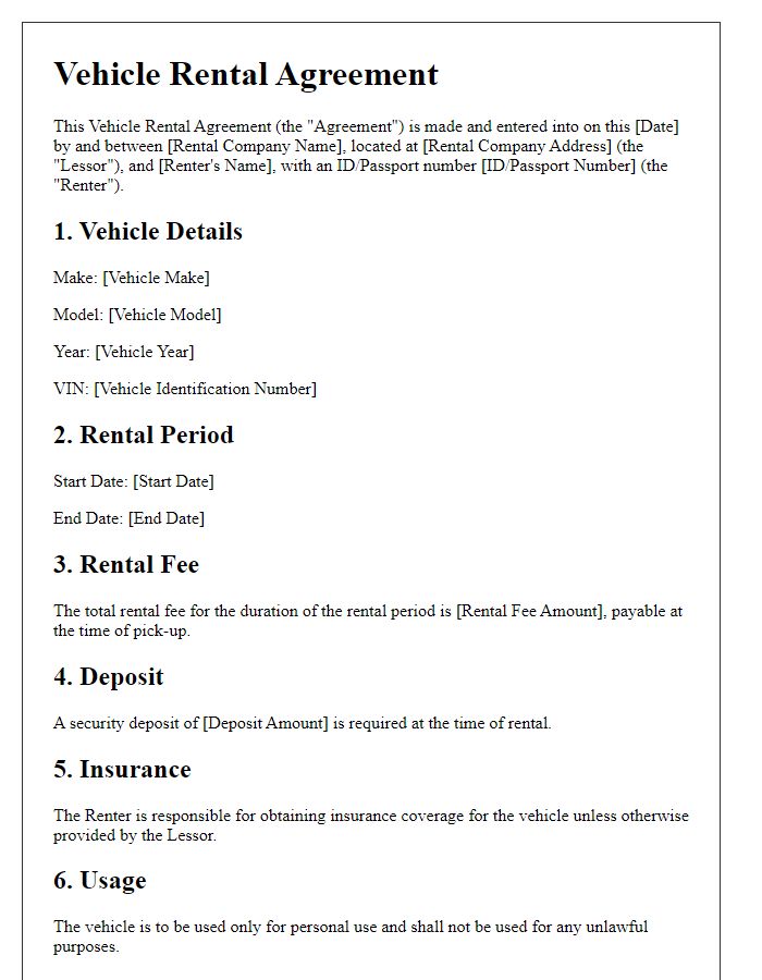 Letter template of vehicle rental agreement for international travelers.