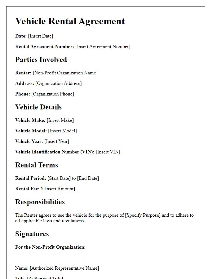 Letter template of vehicle rental agreement for non-profit organizations.