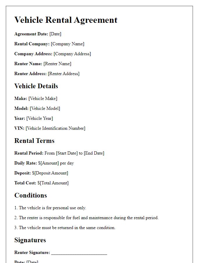 Letter template of vehicle rental agreement for personal use.