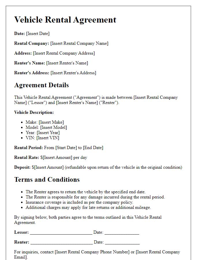 Letter template of vehicle rental agreement for short-term rentals.