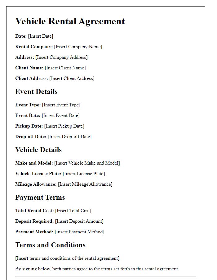 Letter template of vehicle rental agreement for special events.